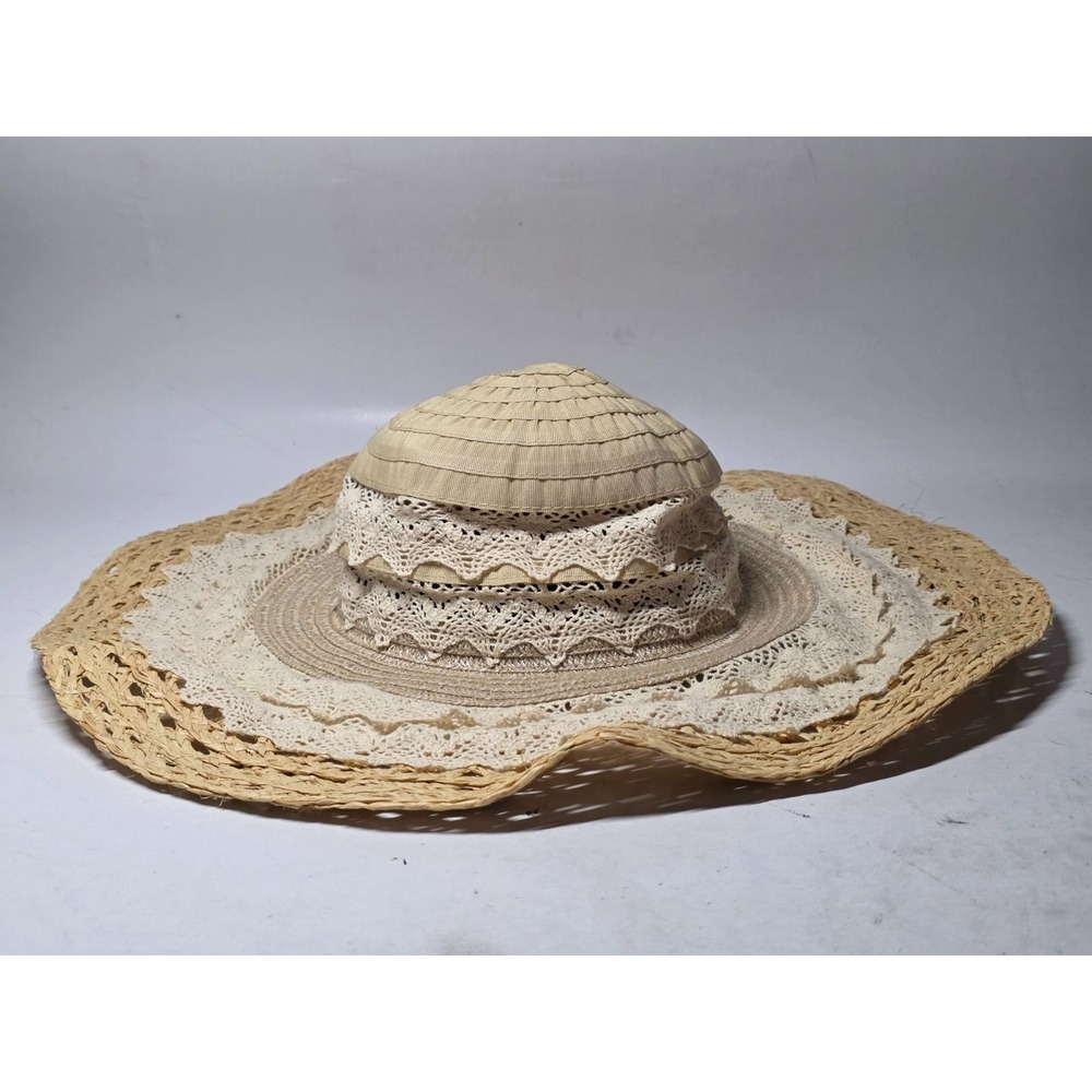 Hopeless‎ Romantic Floppy Raffia/Cotton Blend Sun Hat Neutral Colors Beach Boho